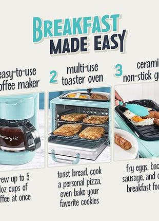 Nostalgia 3-in-1 Retro Breakfast Station - Includes 5 Cup Coffee Maker, Non-Stick Ceramic Griddle, and 4-Slice Toaster Oven - Built-In Timer, Reusable Coffee Filter, Space-Saving Design - Aqua