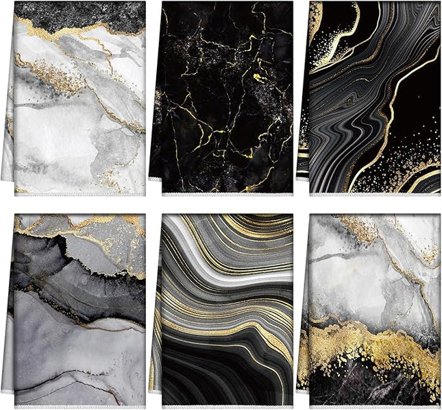Boyiee Set of 6 Marble Kitchen Towels Gold Black Marble Tea Dish Towels 24 x 16 Inches Modern Absorbent Hand Washcloths Housewarming Gifts for Farmhouse Kitchen Bathroom Decorations