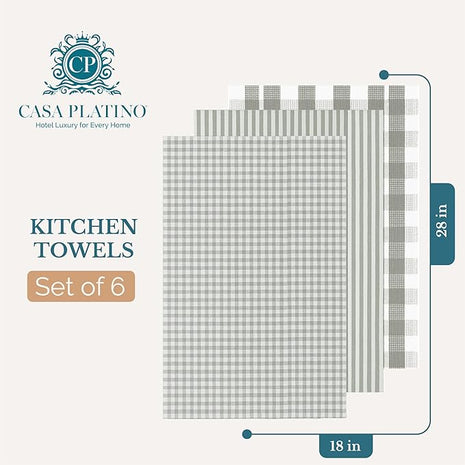 Casa Platino Hand Towels for Kitchen Set of 6 – 100% Cotton 18"x28" Kitchen Towels, Super Absorbent – Crafted for Farmhouse Charm, Drying Dishes, Or Entertaining Guests – Slate Grey