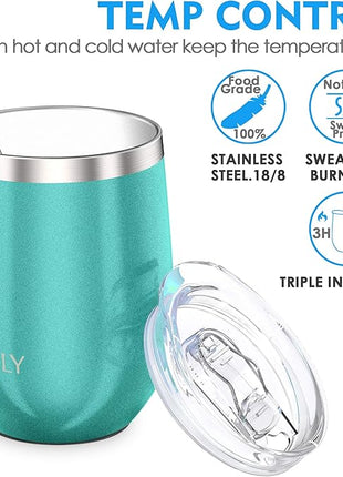 THILY Stainless Steel Stemless Wine Glasses 4 Pack Vacuum Insulated Cute Travel Wine Tumbler Set with Splash-proof Lids, Reusable Straws, Keep Cold & Hot for Wine, Coffee, Teal