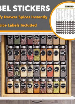 SpaceAid Spice Drawer Organizer with 36 Spice Jars, 386 Spice Labels, 4 Tier Seasoning Rack Tray Insert for Kitchen Drawers, 16.75" Wide x 17.5" Deep