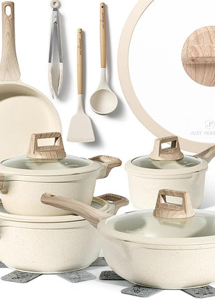 JUST PERFECTO Induction Pots Set - Pan Set with Lid - Induction Pots Set - Pots & Pans Set without PTFE and PFOA - Cookware Pot Set Induction 14Pcs (light beige)