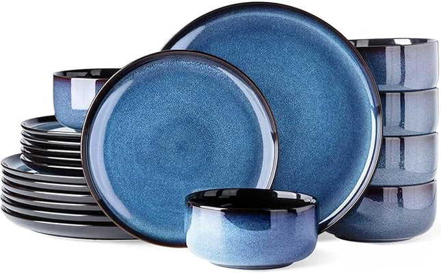 LeRatio Ceramic Dinnerware Sets for 6,Porcelain Plates and Bowls Sets,Handmade Reactive Glaze Dishes Set,Chip Resistant and Scratch Resistant | Oven&Dishwasher & Microwave Safe-Blue(18PCS)
