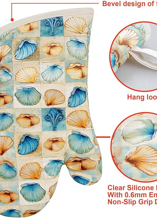 Oven Mitts Gloves 1 Pair Heat Resistant 480 ℉ Non Slip Clear Silicone Printed Shell Comfortable Cotton Lining Kitchen Men Cooking Barbecue Machine Washable (Shell, Beige Mitts)