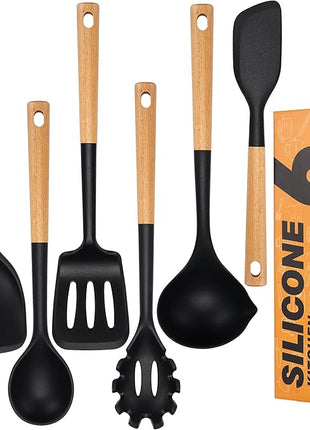 Silicone Cooking Utensils Set, Heat Resistance Large Kitchen Utensils Set with Long Wooden Handle, BPA-free Silicone Spatula, 6 Pcs Cooking Spoons for Non Stick Frying Pans and Pots（Black）