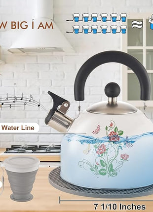 ARC Stainless Steel Whistling Tea Kettle, Magic Color Changing Design 2-Quart Stovetop Kettle Whistle White Teapot with Folding Cup & Trivet Mat