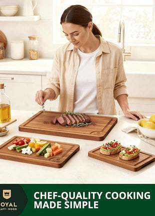 ROYAL CRAFT WOOD Wooden Cutting Boards for Kitchen Meal Prep & Serving - Bamboo Wood Serving Board Set with Deep Juice Groove Side Handles - Charcuterie & Chopping Butcher Block for Meat (3 Pcs)