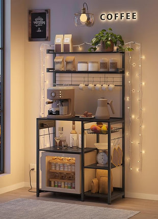 VASAGLE Bakers Rack with Power Outlet, 35.4 Inches Microwave Stand, Coffee Bar, 4 AC Outlets, with Adjustable Shelves, 8 S-Hooks, Basket, Spice Racks, Charcoal Gray and Ink Black UKKS031B22