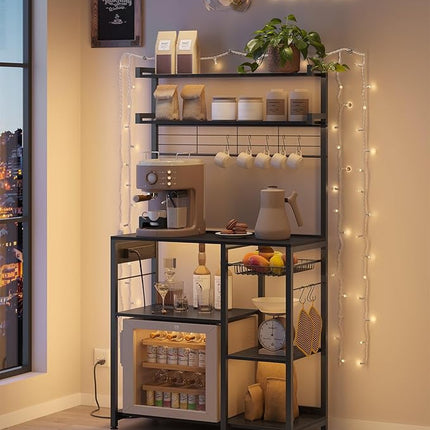 VASAGLE Bakers Rack with Power Outlet, 35.4 Inches Microwave Stand, Coffee Bar, 4 AC Outlets, with Adjustable Shelves, 8 S-Hooks, Basket, Spice Racks, Charcoal Gray and Ink Black UKKS031B22