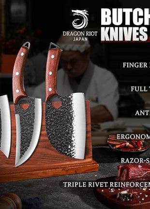 DRAGON RIOT Professional Butcher Knife Set for Meat Processing, 3Pcs High Carbon Steel Hand Forged Serbian Cleaver Chef Knife Set with Ergonomic Handles for Kitchen Outdoor Cooking