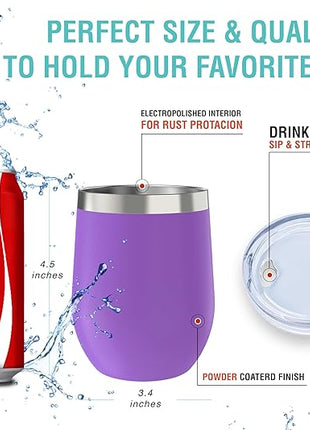 CHILLOUT LIFE 12 oz Stainless Steel Wine Tumbler with Lid - Double Wall Vacuum Insulated Wine Cup Glass Keeping Cold & Hot for Coffee, Champagne, Cocktails, Ice Cream - Powder Coated Purple