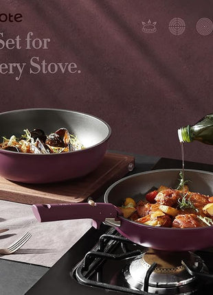 CAROTE 21pcs Pots and Pans Set, Nonstick Cookware Set Detachable Handle, Induction Kitchen Cookware Sets Non Stick with Removable Handle, RV Cookware Set, Gold and Purple