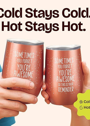 KLUBI Birthday Gifts for Women - Sometimes You Forget You're Awesome 12oz Funny Wine Tumbler With Lid and Straw Self Care Gift for Women Farewell Gifts for Coworkers College Care Package for Girls