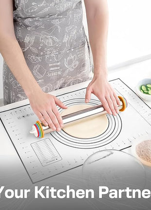 17 Inch Adjustable Stainless Steel Rolling Pin with 4 Thickness Rings & Non-Stick Pastry Mat – Professional Dough Roller for Pizza, Cookies, Pasta & Pies - Red