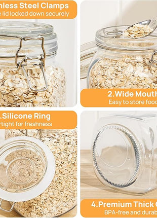 CHEFSTORY 50oz Airtight Glass Jars with Lids, 3 PCS Food Storage Canister for Kitchen & Pantry Organization, Square Mason Jar Containers for Storing Sugar, Flour, Cereal,Coffee,Cookies