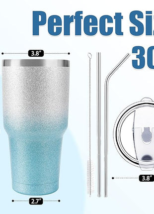 D·S 30 oz Tumbler Blue Glitter Gradient Cup Stainless Steel Double Wall Vacuum Insulated Mug with Straw and Lid, Cleaning Brush for Cold and Hot Beverages