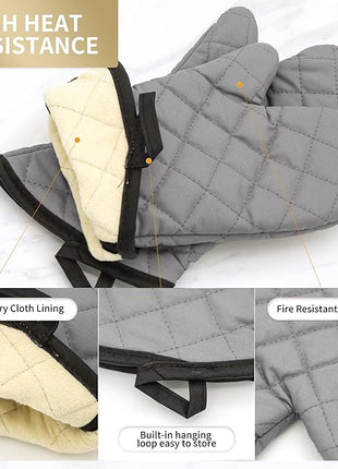 ARCLIBER Oven Mitts 2 Pairs of Quilted Terry Cloth Cotton Lining,Extra Long Professional Heat Resistant Kitchen Oven Gloves,16 Inch,Gray