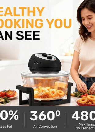 Big Boss 16Qt Extra Large Glass Air Fryer Non Toxic – Family Sized 4 in 1 Cooker with 3 Cooking Sections, Stainless Steel Racks for French Fries, Chicken, No Preheat, Self Cleaning, Dishwasher Safe