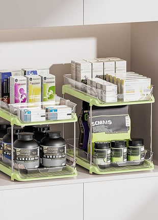 Delamu 2-Tier Multi-Purpose Bathroom Under Sink Organizers and Storage, Stackable Kitchen Pantry Organization, Pull Out Medicine Cabinet Organizer with Movable Dividers, Green, 2 Pack