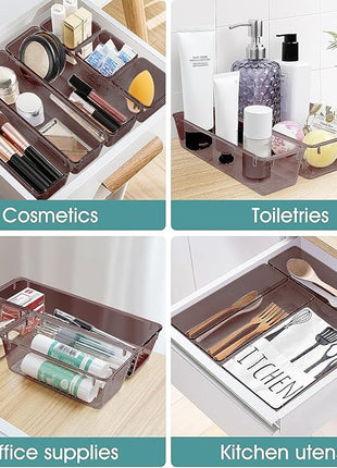 WOWBOX 25 PCS Plastic Drawer Organizer Set, 4 Sizes Desk Drawer Divider Organizers and Storage Bins for Makeup, Jewelry, Gadgets for Kitchen, Bedroom, Bathroom, Office, Clear Brown
