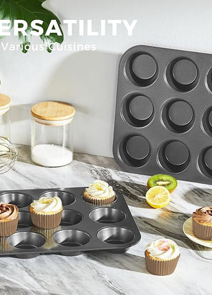 HONGBAKE Muffin Pan with 500 Cupcake Liners, Nonstick Cup Cake Tin for Baking,Premium 12 Cup Cheesecake Trays - Dark Grey
