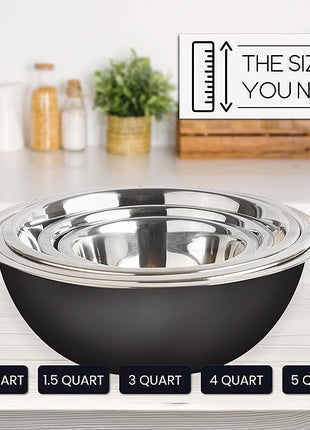 WHYSKO Meal Prep Stainless Steel Mixing Bowls Set, Home, Refrigerator, and Kitchen Food Storage Organizers | Ecofriendly, Reusable, Heavy Duty (Black)