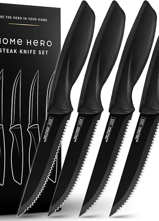 Home Hero Steak Knife Set - Effortless Cutting & Serrated Steak Knives - Rust-Resistant Stainless Steel Blades & Cutlery Set - Comfort-Grip Handles & Kitchen Knife Set - Pack of 4, Black