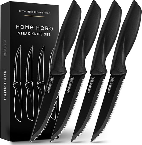 Home Hero Steak Knife Set - Effortless Cutting & Serrated Steak Knives - Rust-Resistant Stainless Steel Blades & Cutlery Set - Comfort-Grip Handles & Kitchen Knife Set - Pack of 4, Black
