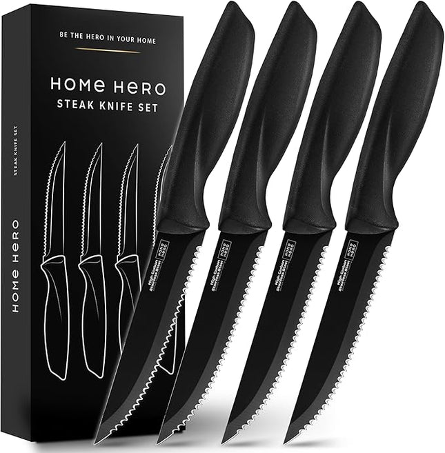 Home Hero Steak Knife Set - Effortless Cutting & Serrated Steak Knives - Rust-Resistant Stainless Steel Blades & Cutlery Set - Comfort-Grip Handles & Kitchen Knife Set - Pack of 4, Black