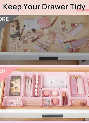 Vtopmart 25 PCS Plastic Drawer Organizers Set, 4-Size Versatile Bathroom and Vanity Drawer Organizer Trays, Storage Bins for Makeup, Bedroom, Kitchen Gadgets Utensils and Office