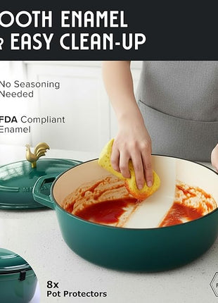 MUELLER HOME 5.5 Quart Enameled Cast Iron Oval Dutch Oven with Rooster Knob and Cotton Potholders, Heavy-Duty Cookware, Oven-Safe up to 500° F & Across All Cooktops, Thanksgiving Essentials, Emerald