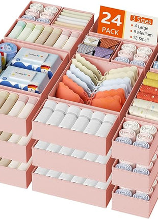 DIMJ Drawer Organizer Clothes, 24 Pack Dresser Organizer, Foldable Closet Organizers and Storage, Fabric Dresser Bins, Drawer Dividers for Nursery, Baby Clothes, Underwears, Sock (Pink)