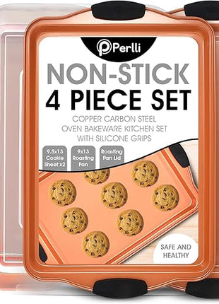 Perlli Baking Sheet 4 Piece Set Nonstick Copper Carbon Steel Oven Bakeware Kitchen Set with Silicone Grips, Includes 2x 9x13" Cookie Sheets, 9x13" Baking Pan with Plastic Lid