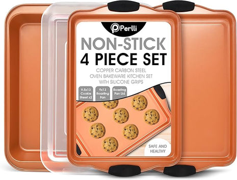 Perlli Baking Sheet 4 Piece Set Nonstick Copper Carbon Steel Oven Bakeware Kitchen Set with Silicone Grips, Includes 2x 9x13" Cookie Sheets, 9x13" Baking Pan with Plastic Lid