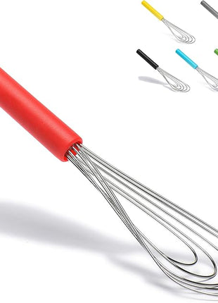 Flat Whisk Silicone Handle Non Slip 10" - 5 Wires Whisk with 10 Heads for Kitchen Cooking Color Red by Jell-Cell