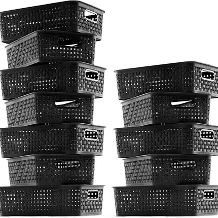 [ 12 Pack ] Plastic Storage Baskets, Small Pantry Organization and Storage Bins, Household Organizers for Laundry Room, Bathrooms, Kitchens, Cabinets, Countertop, Under Sink or Shelves, Black