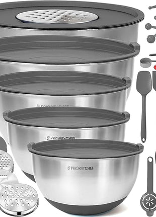 Priority Chef Stainless Steel Mixing Bowls with Lids Set, Metal Nesting Bowls with Airtight Lids, Graters, Non-Slip Base & Measurement Marks, Includes Utensil Set for Prep, Baking & Storage, Grey