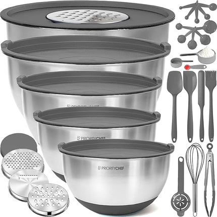 Priority Chef Stainless Steel Mixing Bowls with Lids Set, Metal Nesting Bowls with Airtight Lids, Graters, Non-Slip Base & Measurement Marks, Includes Utensil Set for Prep, Baking & Storage, Grey