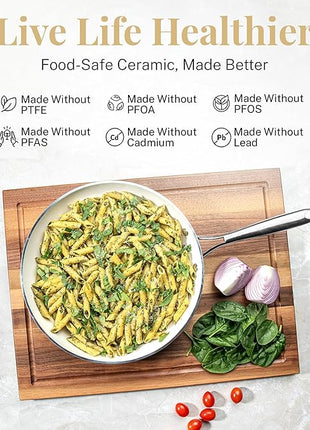 Gotham Steel 5.5 Qt Saute Pan with Lid - Nonstick Deep Frying Pan, 100% PFOA Free Ceramic, Dishwasher Safe, Cream White