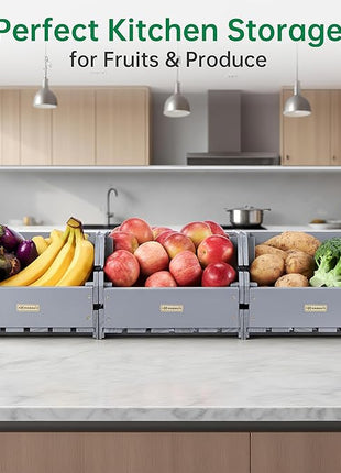 HABAU Wood Potato Onion Storage Bins - Wooden Stackable Produce Basket - Fruit Vegetable Storage for Kitchen Pantry Organization, Set 3 Pieces