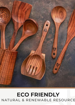 Wooden Utensil Set 8 Pcs – Sturdy & Easy to Clean, Natural Teak Wooden Spoons for Cooking – Non-Scratch Cooking Utensils with Spatula, Turner, Ladle, Spoons, Holder, Spoon Rest, 6 Hooks Kitchen Gifts