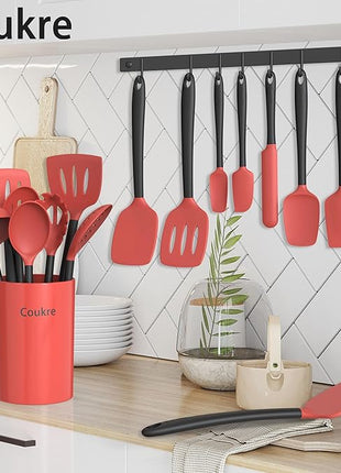 Coukre Silicone Kitchen Cooking Utensils Set with Holder – Heat-Resistant, Food-Grade Kitchen Tools, Spatula, Spoon & Gadgets for Non-Stick Pans, Dishwasher Safe (14, Red)