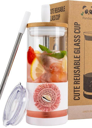 Pandaloo® Glass Cups With Lids and Straws -20 Fl Oz- Perfect Size Iced Coffee Cup - Smoothie Cup With Bamboo Lid and On the go Lid (Ethnic chic-Pink Powder, 1 Count (Pack of 1))