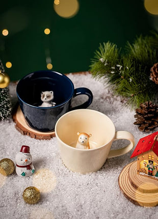 DIHOclub Bear Ceramic Cup Hidden 3D Animal Inside Mug,Cute Cartoon Handmade Figurine Mugs,Holiday and Birthday Gift for Coffee Milk Tea Lovers,12 OZ(Cream Color)