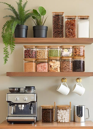 ComSaf 0.8 Qt Glass Jars with Bamboo Lids & Spoons Set of 4, Square Glass Containers with Lids, Sugar Coffee Containers Salt Spice Jars, Pantry Storage Container for Loose Tea, Candy, Brown Sugar, Nut