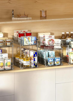 Delamu 2-Tier Under Sink Organizers and Storage, Multi-Purpose Stackable Bathroom Cabinet Organizers, Pull Out Kitchen Pantry Organization and Storage with Dividers(4 Pack, Grey)