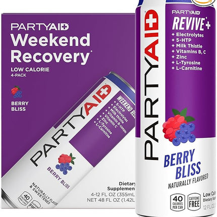 PARTYAID Rehab Blend, Feel Good Tonight and Tomorrow, Contains 5-HTP, B-Complex, Milk Thistle, Electrolytes, No Artificial Flavors or Sweeteners, Caffeine-Free, 12 Fl Oz (Pack of 4)