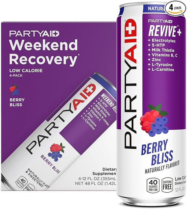 PARTYAID Rehab Blend, Feel Good Tonight and Tomorrow, Contains 5-HTP, B-Complex, Milk Thistle, Electrolytes, No Artificial Flavors or Sweeteners, Caffeine-Free, 12 Fl Oz (Pack of 4)
