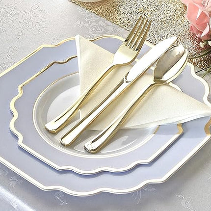 " OCCASIONS " 120 Plates Pack,(60 Guests) Heavyweight Wedding Party Disposable Plastic Plates Set -60 x 10.5'' Dinner + 60 x 8'' Salad/Dessert Plate (Imperial in White/Blue & Gold)