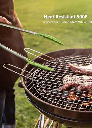 Premium Silicone Set of 2 Cooking Tongs, 9-Inch & 12-Inch BPA Free Non-Stick Stainless Steel BBQ Grilling Locking Food Tong, Light Green